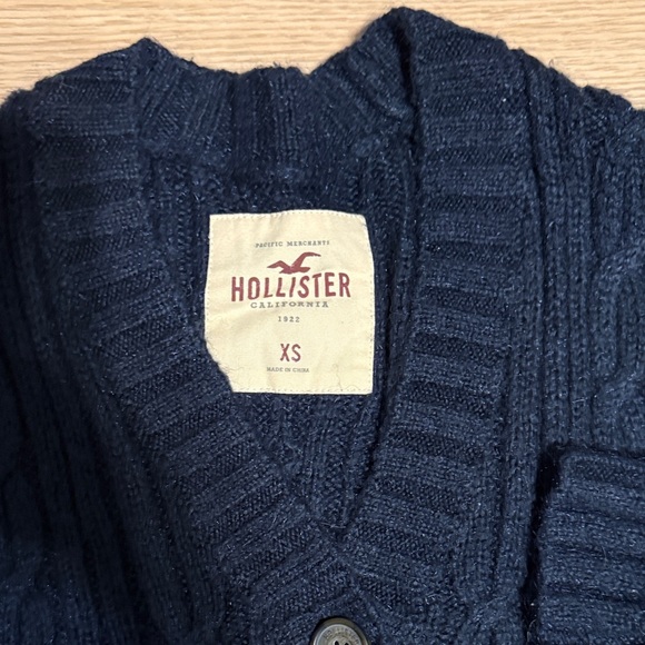 Hollister Dark Blue V Neck Cardigan Sweater with White Stripe - Picture 2 of 4